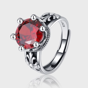 Vintage S925 silver crown ring with large red zircon and floral relief carvings