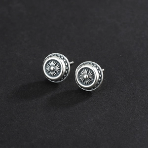 Retro 925 sterling silver cross flower stud earrings with punk style round shield design