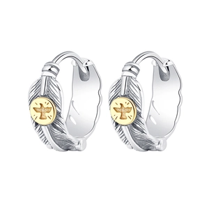 S925 sterling silver eagle feather hoop earrings with vintage Indian style engraving