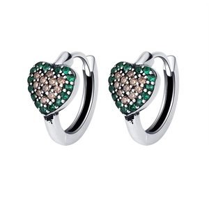 Élégantes créoles cœur en argent S925 avec cristaux de zircon verts et marrons