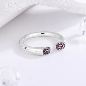 Minimalist S925 silver open ring featuring rose red pavé crystals on a curved band