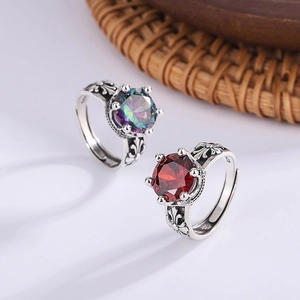 Vintage S925 silver crown ring with colorful zircon stones and retro embossed texture
