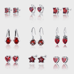 Vintage 925 Sterling Silver Exaggerated Earrings Red Rhinestone Heart Star Stud Earrings Antique Silver Women Jewelry