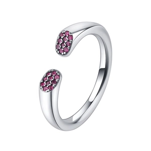 Minimalist S925 sterling silver open C-ring with pavé-set red round gemstones