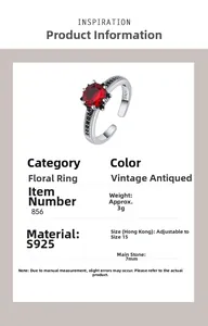 Macro shot of 925 silver ring featuring 7mm red gemstone and black pave setting