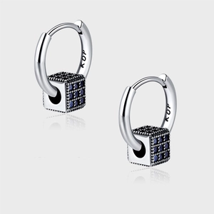 925 Sterling Silver Blue Zirconia Cube Pendant Hoop Earrings Vintage Geometric Sparkling Jewelry For Women