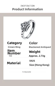 Detail view of adjustable S925 sterling silver crown ring with vintage oxidized finish