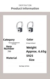 Detail view of S925 silver square hoop earrings with blue spinel and vintage finish