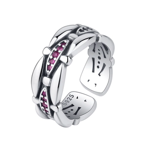 Exquisite S925 sterling silver open ring featuring vintage engraving and red zircon accents
