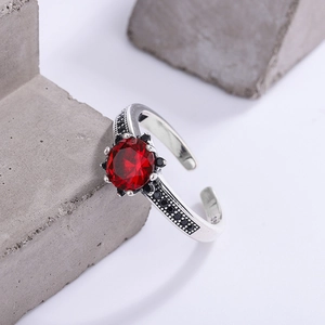 S925 sterling silver open ring with red center stone and black pave-set zircons