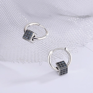 S925 sterling silver hoop earrings with cubic blue zircon pavé square charms