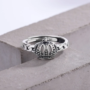 Vintage S925 sterling silver crown ring with chain hollow design and adjustable open band
