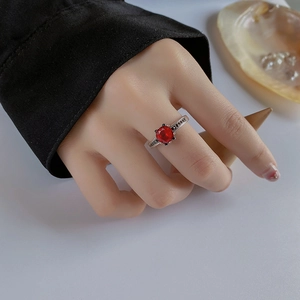 Vintage S925 silver ring with round red garnet stone and marcasite accents for women