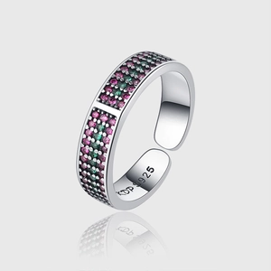 925 Sterling Silver Geometric Ring For Women Colorful Zirconia Micro Pave Adjustable Open Finger Ring Fashion Jewelry
