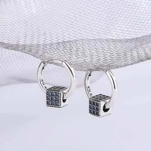 Luxury S925 sterling silver hoop earrings with cubic blue zircon pavé square charms