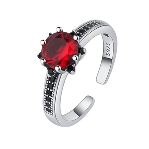 S925 sterling silver open ring with large red gemstone and black pave-set side stones