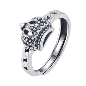 Retro S925 sterling silver crown ring with vintage oxidized finish and open adjustable band