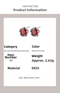 Detailed product specifications for S925 silver star earrings with red zircon stones