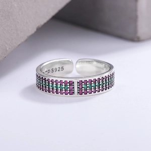 Adjustable S925 silver ring featuring three rows of green and purple zircon gemstones