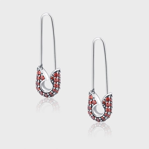925 Sterling Silver Safety Pin Drop Earrings Pave Red Rhinestone Inlaid Street Style Fashion Jewelry For Women