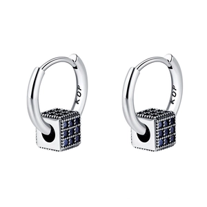 S925 silver hoop earrings featuring geometric cube pendants with sparkling blue zircons