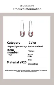 Detail view of paperclip earring in S925 silver with red zircon and retro finish