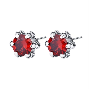 Elegant 925 sterling silver stud earrings with round ruby stones and six-prong setting