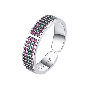 Fashionable geometric open ring with pink and green micro-pave zircons in S925 silver