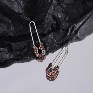 925 silver safety pin earrings with pave set red gemstones and high polish finish