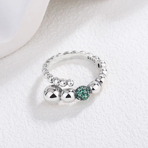 S925 sterling silver open ring featuring geometric beads and green zircon stones