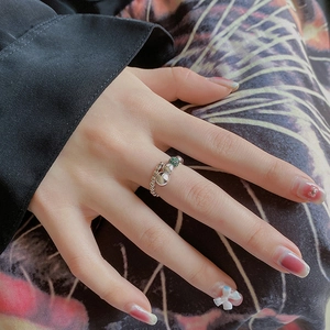 S925 sterling silver geometric beaded open ring with green crystal ball accents for women