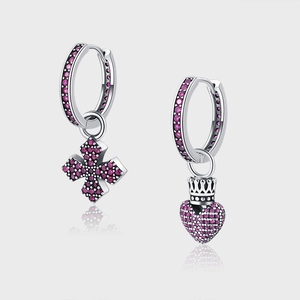 Boucles d'Oreilles Asymétriques en Argent Sterling 925 Vintage pour Femmes avec Cœur Croix Couronne Incrustés de Zirconia