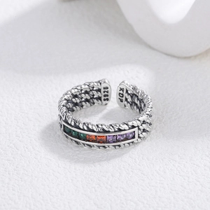 Vintage S925 sterling silver open ring with colorful square-cut zircons and twisted band