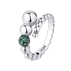 S925 sterling silver geometric beaded open ring with green zircon crystal accents