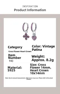 Détails des boucles d'oreilles S925 en argent avec croix et cœur sertis de zircons violets