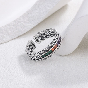 Retro S925 sterling silver twisted open ring with colorful zircon stones on stone pedestal