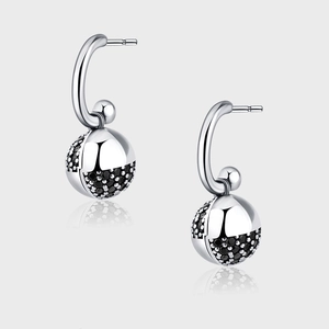 925 Sterling Silver Stud Earrings Wishing Ball Design For Women Retro Style Black Rhinestone Pave Earrings Jewelry
