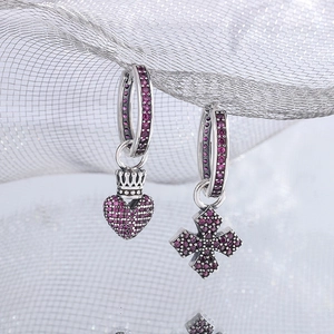 Boucles d'oreilles vintage en argent S925 asymétriques avec cœur et croix en zircon