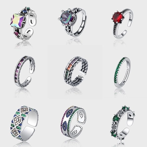 Vintage 925 Sterling Silver Rhinestone Open Ring For Women Exaggerated Pavé Multi-stone Band Adjustable Ins Style Jewelry