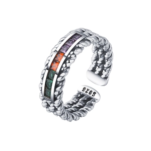 Retro S925 sterling silver open ring with colorful square-cut gemstones in rope design
