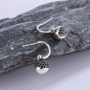 Elegant 925 sterling silver drop earrings with black zircon pavé sphere on stone