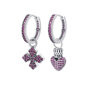 Boucles d'oreilles asymétriques S925 argent avec croix en zircon rouge et cœur
