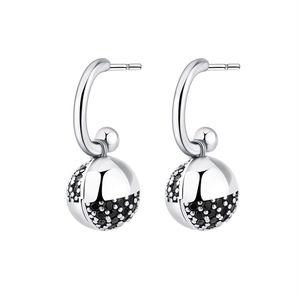 925 Sterling Silver geometric half-hoop earrings with black and white zircon sphere pendant