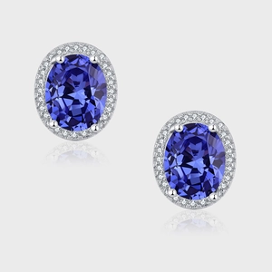 Boucles d'Oreilles Clous Halo Ovales Bleues en Argent Sterling S925 pour Femmes Pierre Bleue Vintage Incrustée de Strass