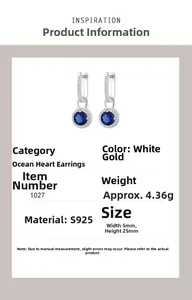 Detailed specs of Heart of the Ocean S925 silver earrings with blue crystal and dimensions