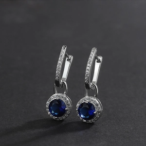 Elegant S925 silver long earrings with deep blue round gemstones and zircon accents