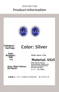 Vue détaillée des boucles d'oreilles en argent S925 avec pierres bleues ovales et zircon