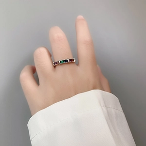 925 Sterling silver rainbow ring with colorful rectangular crystals on finger