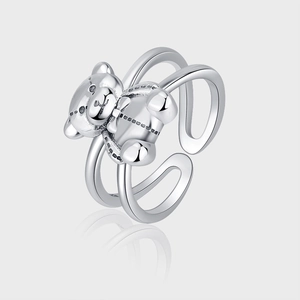 Anello Aperto in Argento Sterling S925 Simpatico Orso Cartone Animato per Donna Rétro Invecchiato 3D Orsetto Regolabile