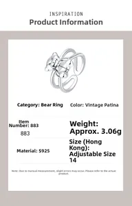 Macro dell'anello a forma di orso in argento S925 con finitura vintage e regolabile